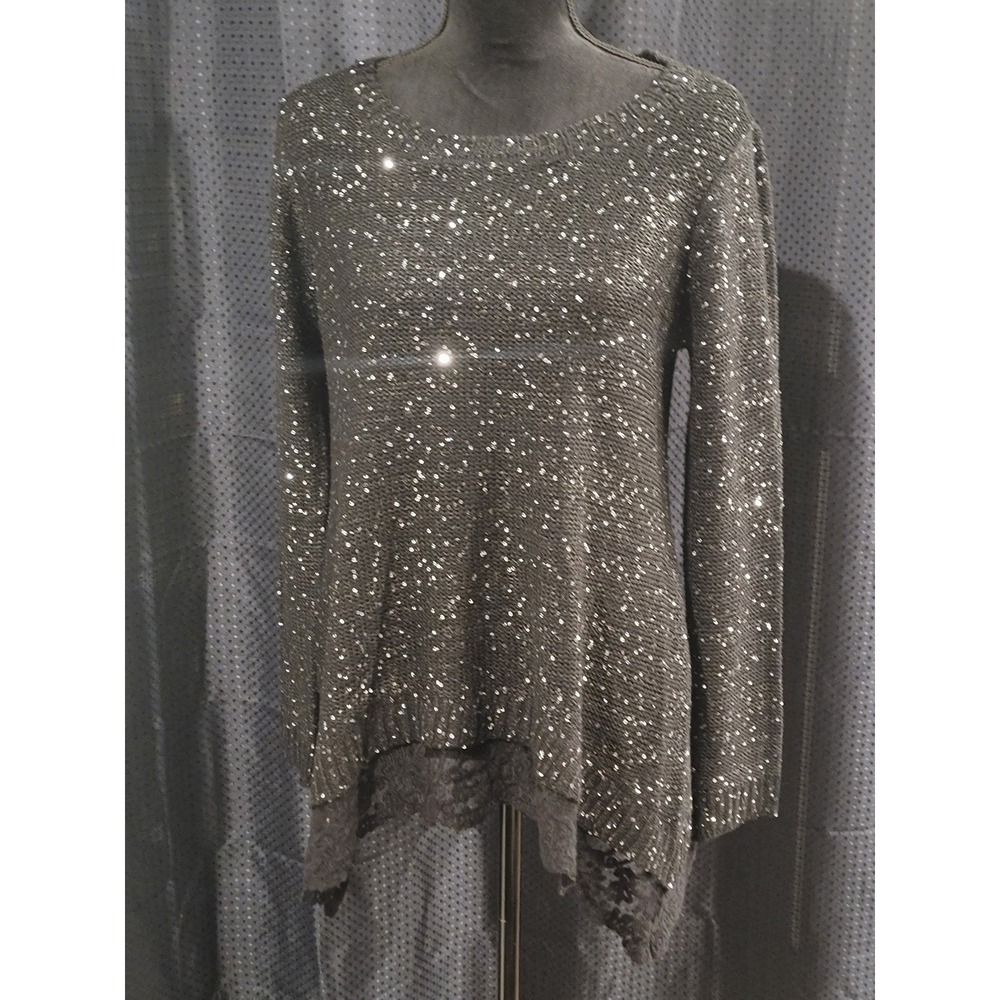 Signature Studio Womens Black Sequin Knit Sweater Lace Trim High Low Hem Large